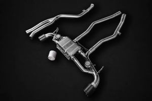 Abgasanlage komplett, Endschalldämpfer, CES-3 Steuerung, OPF Ersatz Rohren, mit Endrohren aus eloxiertem Aluminium (erhältlich in den Farben Schwarz, Rot und Silber*) mit Carbon Aussenrohr  passend für Toyota Supra