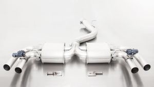 Remus Sport exhaust centered L/R (without tail pipes)with 2 integrated valves, incl. EC type approvalREMUS tube Ø 76 mmThe supplied actuators activate the valves to factory preset positions via the vehicle onboard electronics fits for Audi RS3 2.5l 270kW 