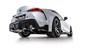 Remus Sportschalldämpfermittig für links/rechts-Anlage mit je 1 Endrohr 115mm schr&auml;g verchromt, lasergraviert, straight cut, mit 1 integrierten KlappenOHNE EG Genehmigung; passend für Toyota GR Supra 3,0l 250kW (R6, B558B30C mit OPF) ab 03/2019=>